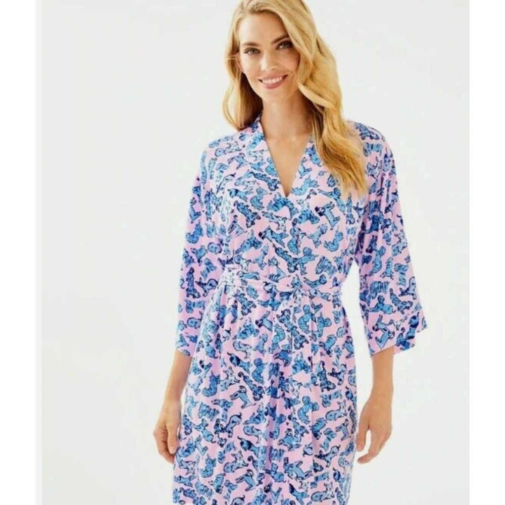 Lilly Pulitzer Lina Robe Zanzibar Blue Ruff Night Dog S/M Tie Waist Whimsy Prep